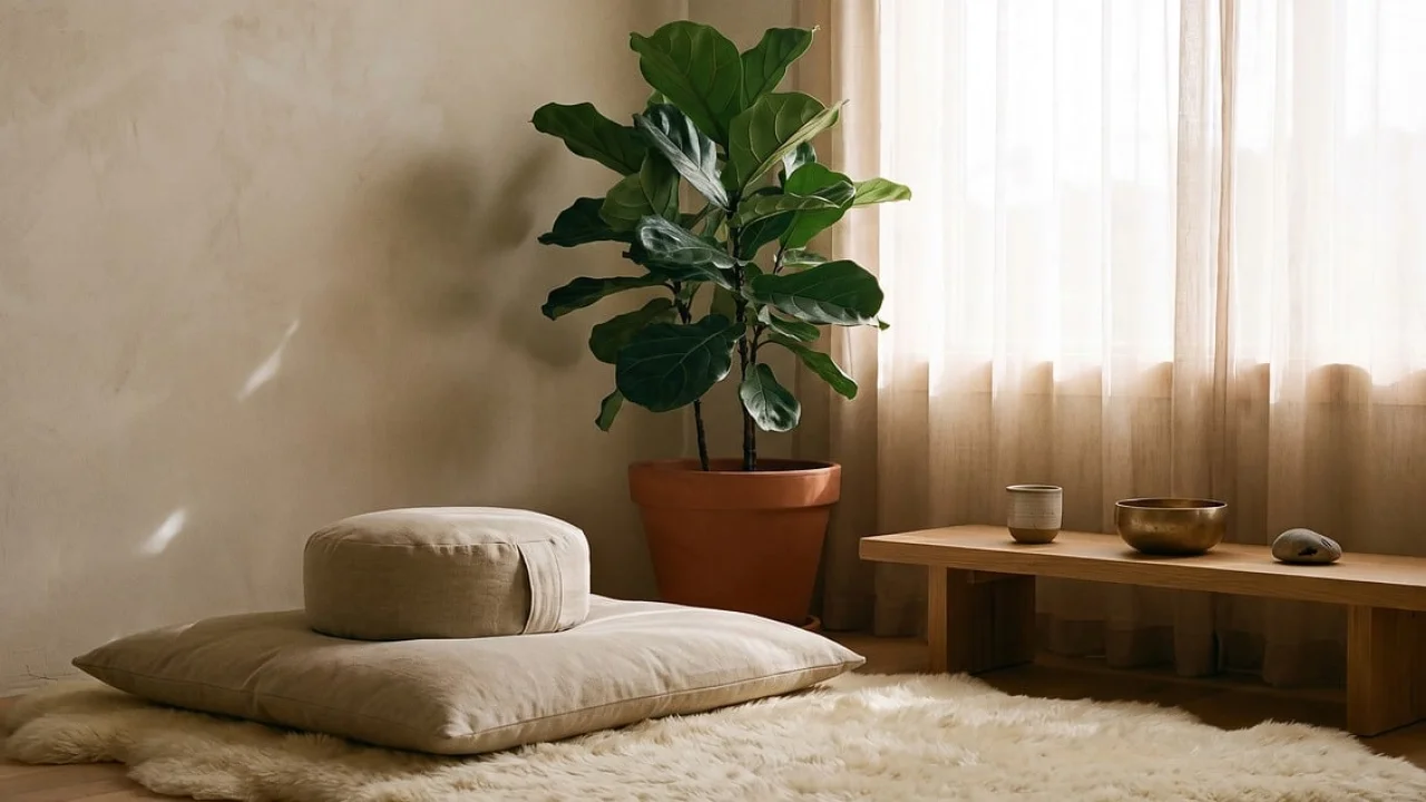 Ambiente tranquilo com almofada e cadeira para uma sessão breve de meditação.