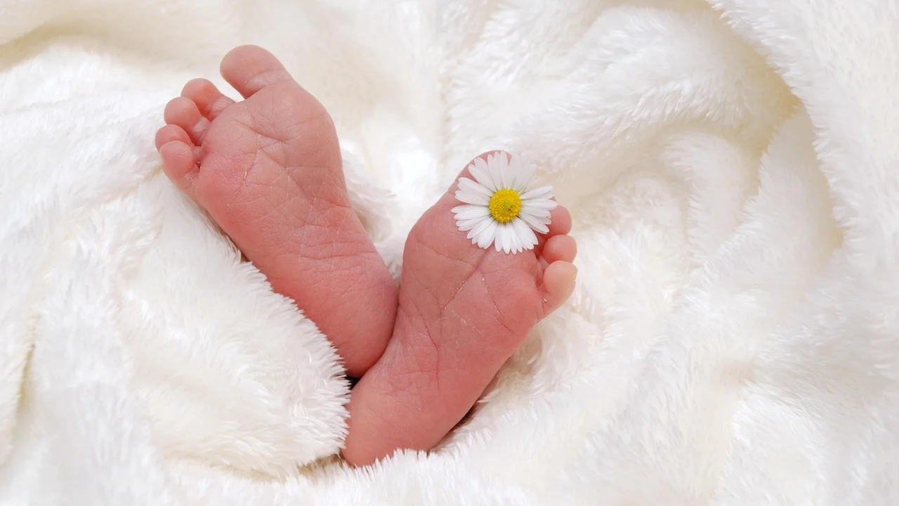 Mãos de adulto segurando os pés de um recém-nascido