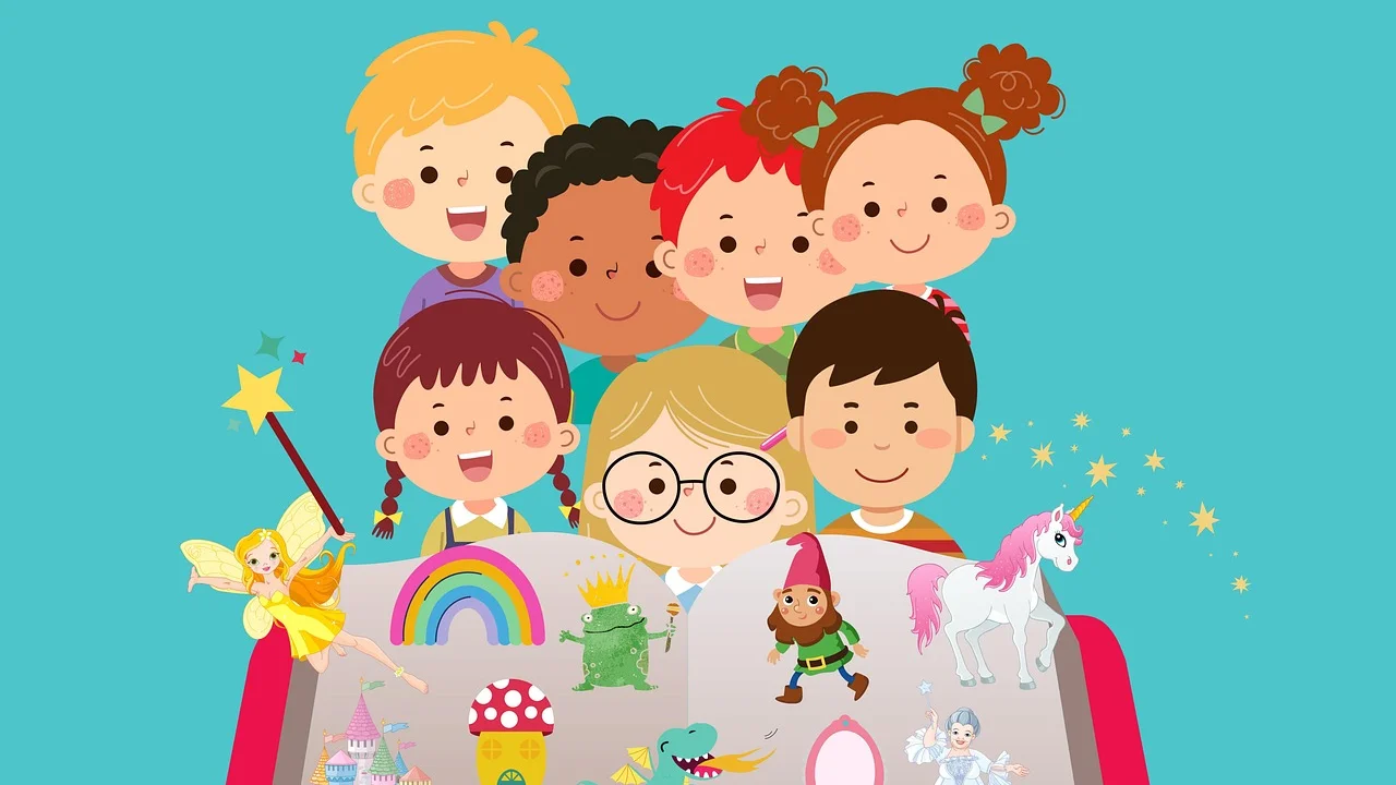 Livro infantil aberto durante uma roda de leitura.