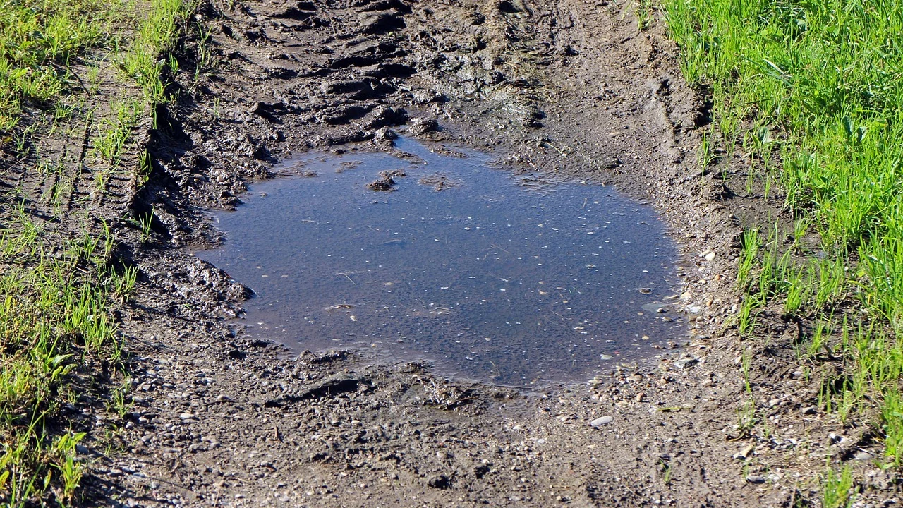 Poça de lama refletindo o céu em terreno aberto.